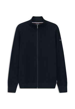 Maglione nero a maniche lunghe con zip, con colletto, polsini e orlo a coste, esposto piatto su uno sfondo bianco.