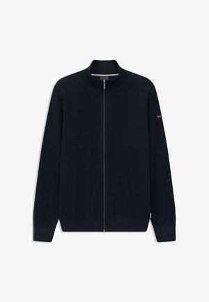 Schwarzer, langärmeliger Reißverschluss-Pullover mit geripptem Kragen, Bündchen und Saum, flach auf einem weißen Hintergrund präsentiert.