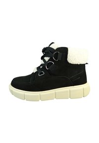 Sorte skinn ankle boot med en teksturert kremfarget faux fur-krage, runde snørebånd og en tykk kremfarget gummisåle med horisontale riller.