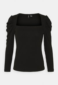 Svart långärmad topp i ribbat tyg, med en fyrkantig halsringning och puffärmar med samlade detaljer.