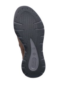 Semelle de chaussure marron avec caoutchouc noir texturé, présentant un motif en zigzag pour l'adhérence. Comprend un logo en relief et une indication de taille.