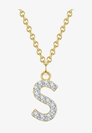 Guld kæde med et stort "S" vedhæng, dekoreret med klare, runde krystaller sat i en poleret guldramme.