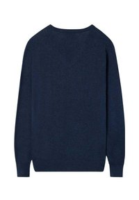 Jersey azul marino de tejido suave, con un cuello redondo, mangas raglán largas y puños y dobladillo de canalé.