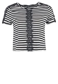 Černobíle pruhované tričko s krátkým rukávem, s krajkovým detailem běžícím vertikálně uprostřed a krajkovými akcenty na rukávech.