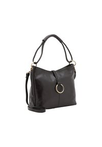 Borsa a mano in pelle nera con un design semi-strutturato, caratterizzata da un accento circolare dorato e manici doppi, di cui uno con tracolla regolabile.