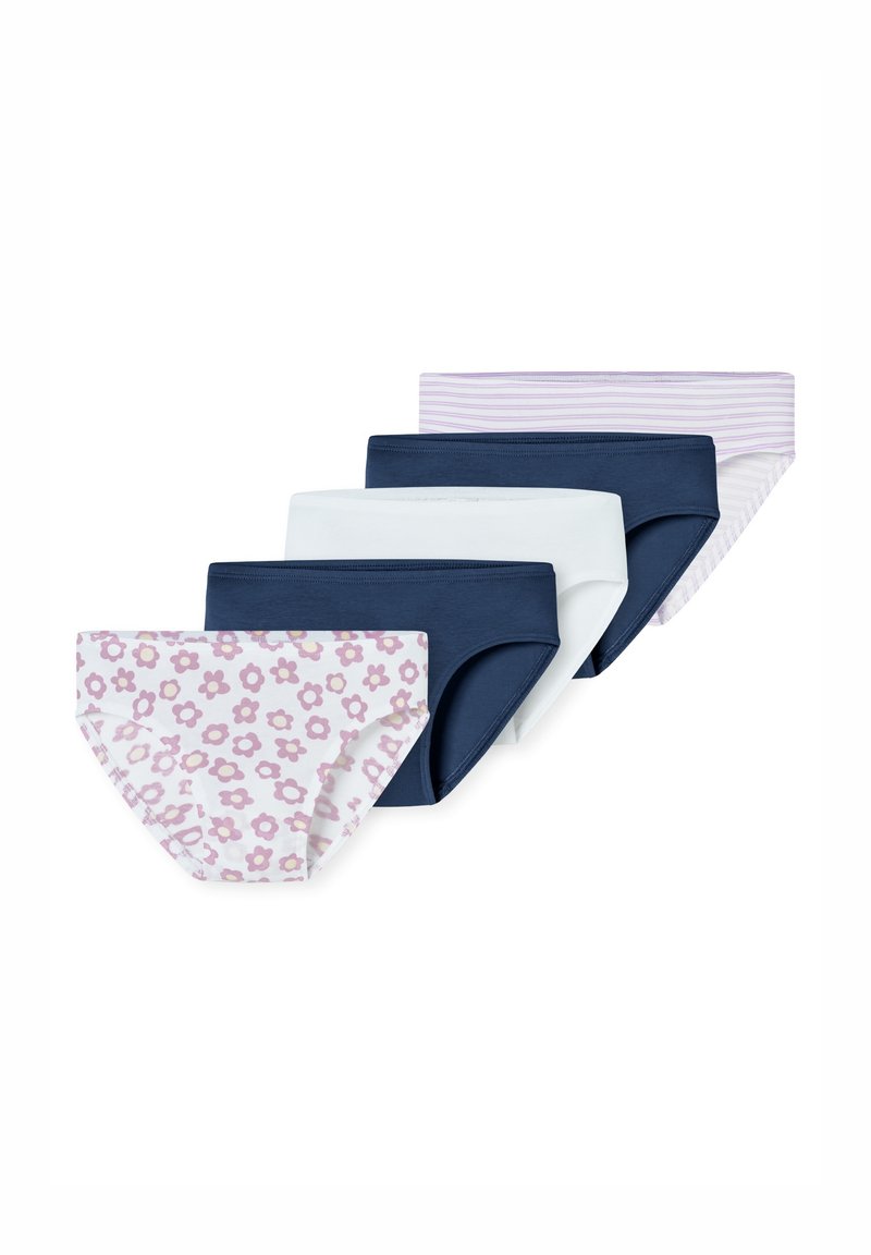 Quattro paia di mutandine da donna: un paio bianco con fiori rosa, due paia blu navy e un paio a righe in lilla chiaro e bianco.