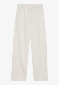 Pantalones de chándal blancos de corte holgado, hechos de una tela suave. Presentan una cinturilla elástica con cordón y piernas rectas y anchas.
