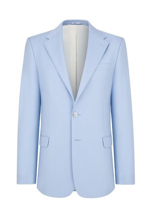 Jasnoniebieska marynarka wykonana z gładkiego materiału, z pojedynczym zapięciem na guzik, klapami typu notch i dwoma przednimi kieszeniami. Slim fit.