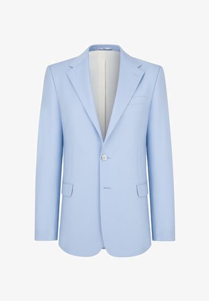 Jasnoniebieska marynarka wykonana z gładkiego materiału, z pojedynczym zapięciem na guzik, klapami typu notch i dwoma przednimi kieszeniami. Slim fit.