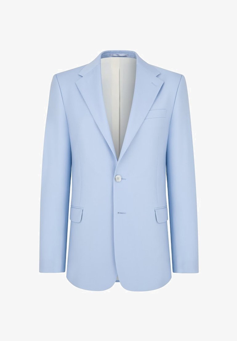 Jasnoniebieska marynarka wykonana z gładkiego materiału, z pojedynczym zapięciem na guzik, klapami typu notch i dwoma przednimi kieszeniami. Slim fit.