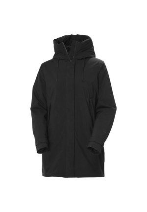 Giacca nera impermeabile con colletto alto, cappuccio regolabile e maniche lunghe. Presenta tasche laterali con zip e un taglio dritto.