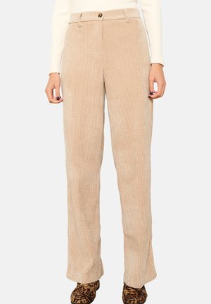 Beige corduroy trousers with a straight leg design, featuring a button closure, belt loops, and visible ribbed texture.