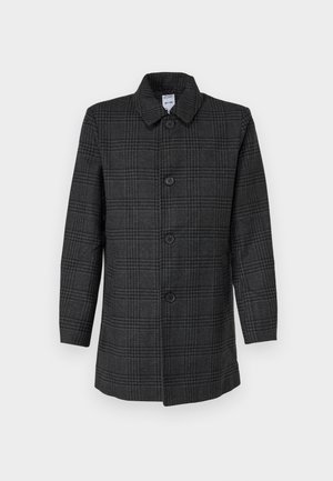 Manteau à carreaux gris en tissu mélangé de laine, avec un col, six boutons sur le devant et des manches longues. Coupe régulière.