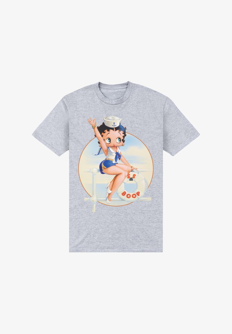 Camiseta gris con un personaje de dibujos animados vestido de marinero, con un salvavidas, gráfico circular y colores vibrantes.