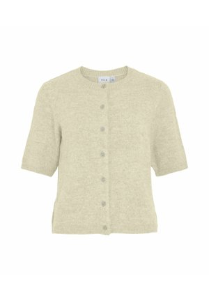 Korte mouwen cardigan in zacht beige breisel, met een ronde halslijn en vijf bijpassende knopen aan de voorkant. Lichtgewicht en gestructureerd materiaal.