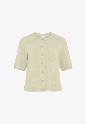 Kurze Strickjacke aus weichem beigen Garn, mit Rundhalsausschnitt und fünf passenden Knöpfen auf der Vorderseite. Leichtes und strukturiertes Material.