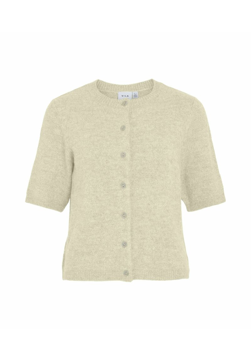 Korte mouwen cardigan in zacht beige breisel, met een ronde halslijn en vijf bijpassende knopen aan de voorkant. Lichtgewicht en gestructureerd materiaal.