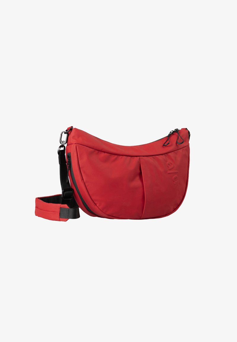 Red shoulder bag with a smooth, matte finish, featuring a curved shape, zippered pockets, and an adjustable strap. Lightweight and easy to carry.