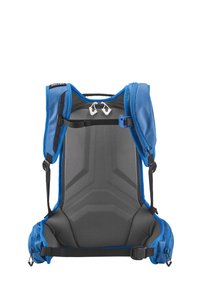 Sac à dos de randonnée bleu avec un support dorsal rembourré gris, des bretelles réglables et une sangle de poitrine. Il dispose d'une poignée de transport renforcée sur le dessus.