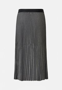 Gonna midi plissettata grigia con vita nera, caratterizzata da pieghe verticali e una texture liscia. Design semplice senza ulteriori decorazioni.