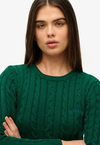Grüner gestrickter Pullover mit einem Zopfmuster-Design, Rundhalsausschnitt und gesticktem "SUPERDRY"-Logo auf der Brust. Strukturiertes Material mit gerippten Bündchen.