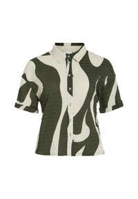 Green and cream short-sleeve shirt with a textured fabric, featuring a button-down front and an abstract pattern.