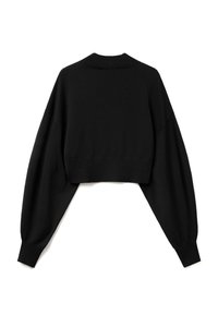Maglione cropped nero con maniche lunghe e larghe e colletto e polsini a coste. Realizzato in un tessuto morbido con una superficie liscia.