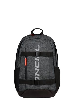 Gray and black backpack with two horizontal black straps and a front zip pocket with an orange zipper pull tab, showing a vertical logo.