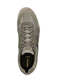 Scarpa sportiva grigia realizzata in suede e tessuto, con una superficie liscia, design con lacci e dettagli blu. Suola testurizzata vista dall'alto.