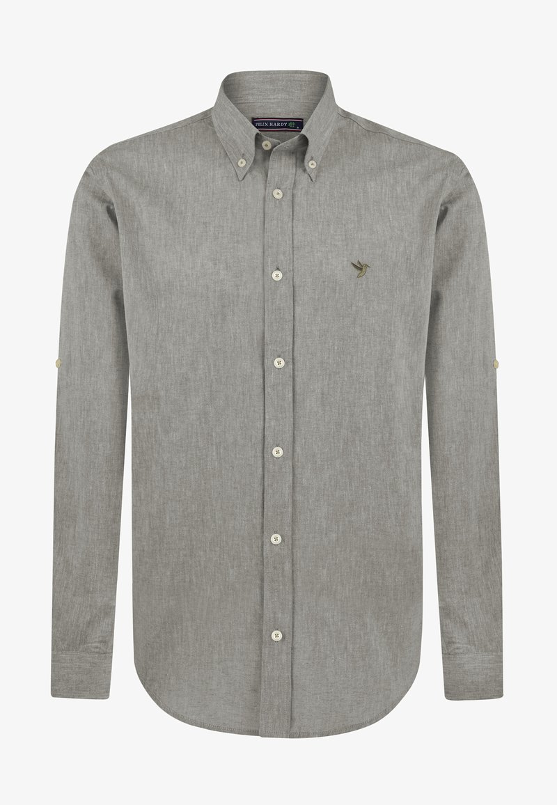 Chemise grise à boutons en tissu texturé. Présente un col classique, des boutons à l'avant et un petit logo d'oiseau brodé sur la poitrine.