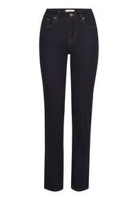 Jeans de mezclilla azul oscuro con un diseño de pierna recta, cintura de altura media y costuras naranjas en contraste. Tiene cinco bolsillos y cierre frontal con botón.
