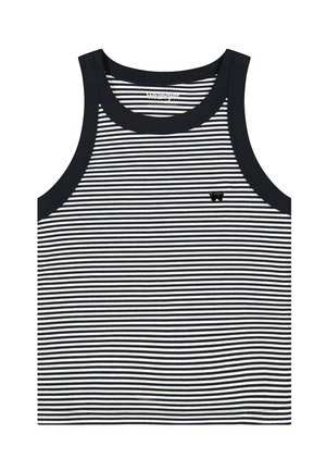 Camiseta sin mangas con rayas horizontales en blanco y negro, ribete negro y pequeño logo negro en el pecho izquierdo.