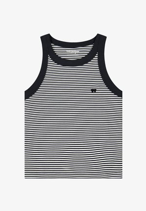 Black and white horizontal striped sleeveless tank top with black trim and small black logo on the left chest.