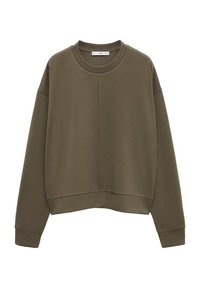 Sweatshirt vert olive en tissu doux. Présente un col rond, des épaules tombantes et des poignets et un ourlet côtelés. Design simple et minimal.