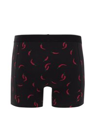 Melni bokseršorti ar atkārtojošu sarkano čili piparu rakstu. Izgatavoti no kokvilnas ar gludu tekstūru un elastīgu jostu.