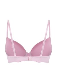 Reggiseno imbottito rosa con spalline regolabili, texture liscia e chiusura a gancio sul retro. Design semplice con un'estetica pulita e minimale.