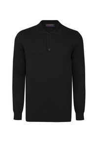 Mustast pikaere varrukatega polo särk, mis on valmistatud pehmest kudumismaterjalist. Särk sisaldab kraed, kolme nupuga rida ja soonikkoes mansettide.