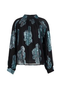 Zwarte blouse met lange mouwen, voorzien van metallic teal paisleypatronen, een hoge halslijn en geplooide details aan de voorkant en de mouwen.