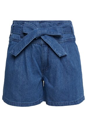 Niebieskie szorty z denimu z wysokim stanem, z materiałowym paskiem związanym z przodu na kokardę, z podwiniętym dołem i przednimi kieszeniami.