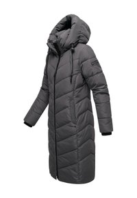 Gray puffer coat with a high collar, zip closure, chevron pattern, and elastic cuffs. Features side pockets and a logo patch on the sleeve.