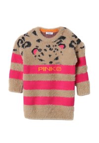 Maglione beige fuzzy con righe orizzontali rosa e stampa animale. Presenta un collo rotondo e testo con logo in arancione neon al centro.