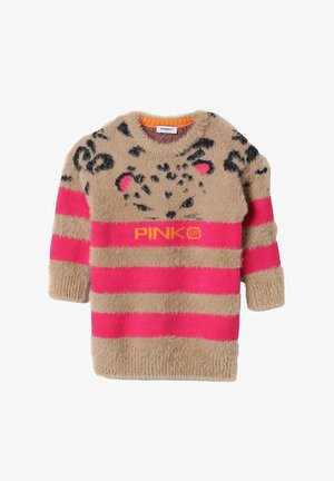 Maglione beige fuzzy con righe orizzontali rosa e stampa animale. Presenta un collo rotondo e testo con logo in arancione neon al centro.