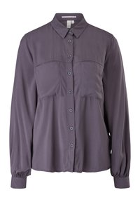 Blouse violette à manches longues, boutonnée, avec col, poignets froncés et empiècement poitrine.