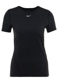 Camiseta atlética Dri-FIT negra de manga corta, con cuello redondo, fabricada con un tejido suave, con una textura sutil y un logo de Nike blanco en el pecho.