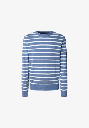 Niebiesko-biały sweter w paski, z okrągłym dekoltem, dzianinowa faktura, długie rękawy, ściągacze przy mankietach i u dołu, miękka tkanina.