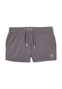 Gray cotton blend shorts with a drawstring waist, side pockets, and a small metallic accent logo on the lower right side.