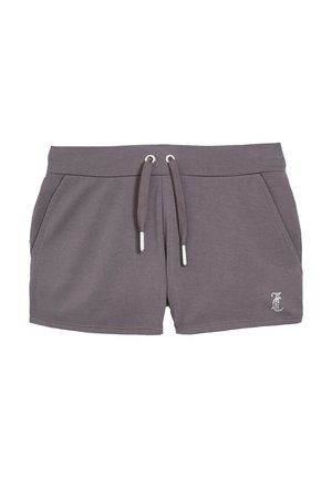 Gray cotton blend shorts with a drawstring waist, side pockets, and a small metallic accent logo on the lower right side.
