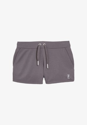 Shorts en mélange de coton gris avec taille à cordon, poches latérales et un petit logo métallique accentué en bas à droite.