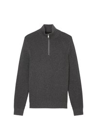 Pull en maille côtelée gris avec un col zippé mi-hauteur, fabriqué à partir d'un tissu en tricot texturé. Doté de manches longues et d'une bordure ajustée.