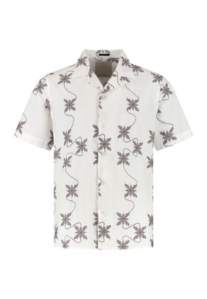 Witte blouse met korte mouwen en knopen, een spreidkraag en een donker abstract bloemmotief over de hele stof.